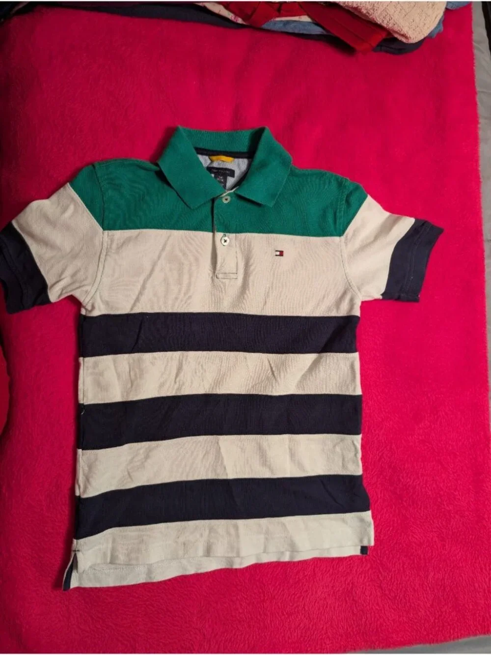 Tommy Hilfiger Boys Striped Polo Shirt Size S 8/10 Green White Navy Short Sleeve